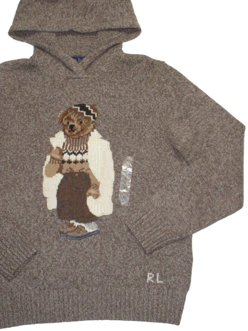 NWT Polo Ralph Lauren Women's Polo Bear in Brown Multi Wool-Blend Knit Hoodie L - Picture 4 of 9